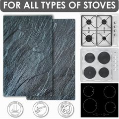 Universal Gas Electric Induction Hob Covers | Set of 2 Glass Hob Cover for Gas Electric Stove Cookers | Large Chopping Board Worktop Savers for Kitchen - Kinway (Black Marble Design)