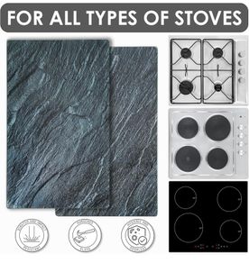 Universal Gas Electric Induction Hob Covers | Set of 2 Glass Hob Cover for Gas Electric Stove Cookers | Large Chopping Board Worktop Savers for Kitchen - Kinway (Black Marble Design)