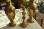 x2 Vintage Solid Brass Vases and candle holder