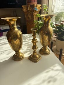 x2 Vintage Solid Brass Vases and candle holder