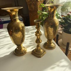 x2 Vintage Solid Brass Vases and candle holder