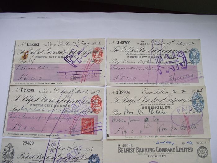 A Collection of 7 Vintage Cheques from Belfast Banking Company Ltd (1910-1951)