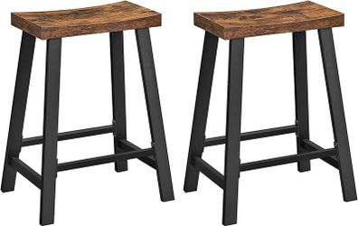 _Set of 2 Bar Stools with Curved Seat Kitchen Dining Room Study Industrial Design 46.2 x 33 x 60 cm Vintage Brown/Black