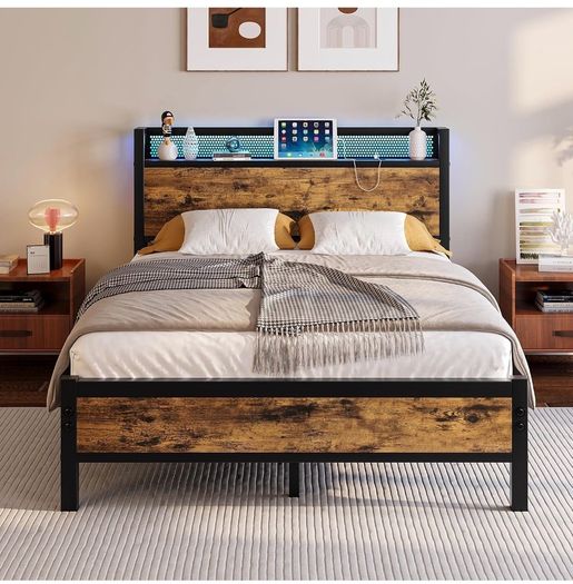 4ft6 Double Bed Frame with LED Lights&Charging Station,Brown Metal Platform Bed with Storage Headboard, Mattress Foundation, Metal Slat Support ,No Box Spring Needed,Under-bed Storage