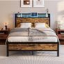 4ft6 Double Bed Frame with LED Lights&Charging Station,Brown Metal Platform Bed with Storage Headboard, Mattress Foundation, Metal Slat Support ,No Box Spring Needed,Under-bed Storage Image 8