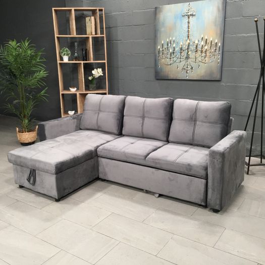 Grey velvet Corner Sofa Bed with Storage 215cm