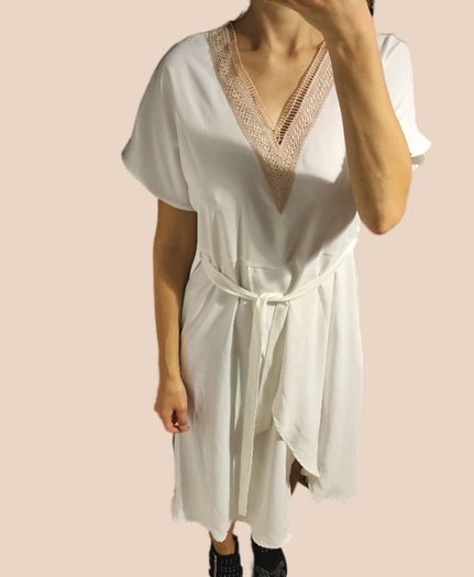 White & Gold Lace Dress with V-Neck and Ruffles  Size S