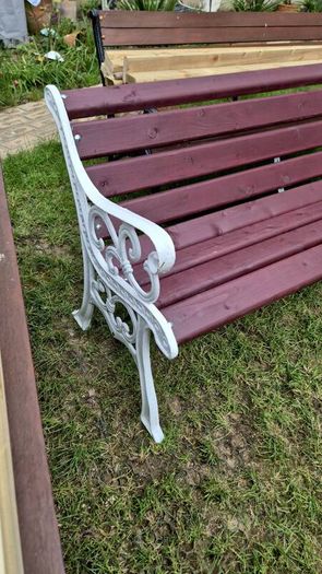 Garden Bench Cast iron fully restored seat outside outdoor garden sitting treated timber decorations, furniture patio  decking, home house cottage ignore flowers pots plants, garden statue chair  swing patio heater bbq hammock sun  farm shop gift