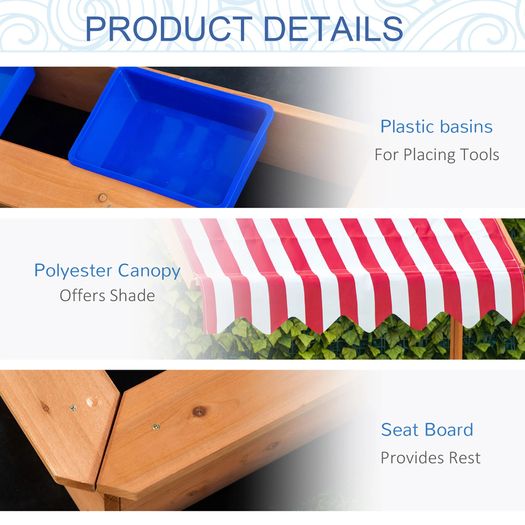 Sand Pit Kids Wooden Sandbox with Cover Children Sandpit Play Station Height Adjustable with Canopy, Bottom Liner, Plastic Basins for Outdoor Aged 3-7 Years