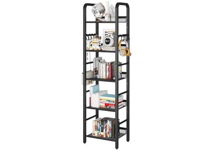 4-Tier Storage Shelf, Metal Shelving Unit, 8Pcs S Hooks, Modern Style, 36 x 27 x 146 cm, Corner Shelf, Display Units for Living Room, Bedroom, Office, Black