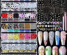 Nail Rhinestones Nail Art Tools with 15 Sheets Gold Nail Art Stickers, 6 Boxes of Nail Charms Nail Gems Nail Pearls Nail Jewels