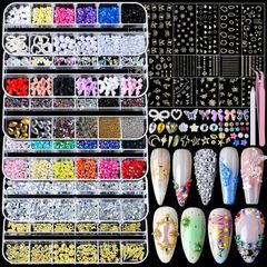 Nail Rhinestones Nail Art Tools with 15 Sheets Gold Nail Art Stickers, 6 Boxes of Nail Charms Nail Gems Nail Pearls Nail Jewels