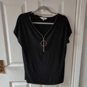 Black V Neck front zip top, size 12
