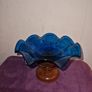 Unique hand blown cobalt blue candy dish with wood base Image 7