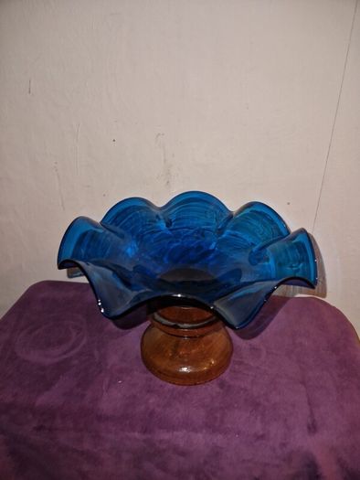 Unique hand blown cobalt blue candy dish with wood base