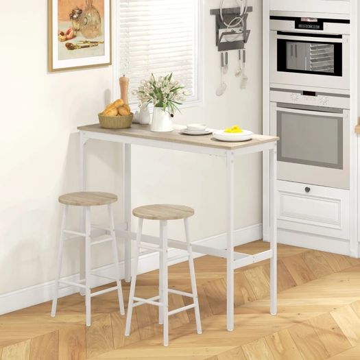 High bar table set + 2 stools, steel frame, natural wood-effect top, 2-person, white