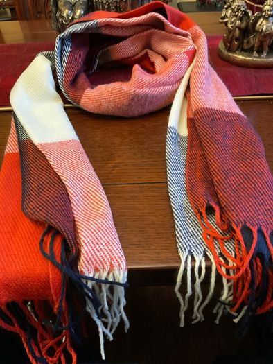 New warm and cosy scarf in shades of rust ,cream black and burnt orange