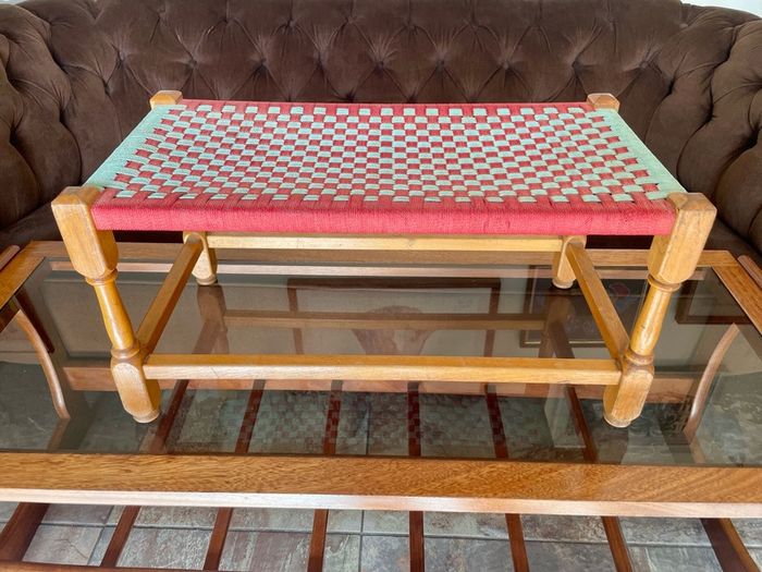 Rare Vintage Long Sugan Style Ottoman Stool Bench Woven with Red Green Cotton Rope