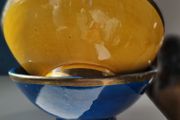 Rare Vintage Glazed Bowls with Gold Banding. Striking Blue &amp; Mustard Yellow Duo.
