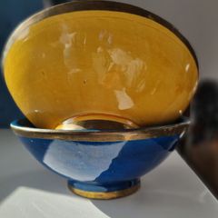 Rare Vintage Glazed Bowls with Gold Banding. Striking Blue & Mustard Yellow Duo.