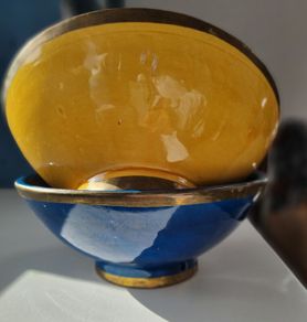 Rare Vintage Glazed Bowls with Gold Banding. Striking Blue & Mustard Yellow Duo.
