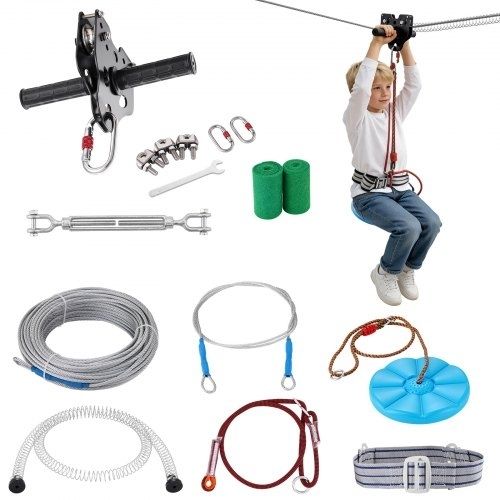 Zipline Kit for Kids and Adult, 24.38 m Zip Line Kits Up to 227 kg, Backyard Outdoor Quick Setup Zipline, Playground Entertainment with Stainless Steel Zipline, Spring Brake, Safety Harness, Seat