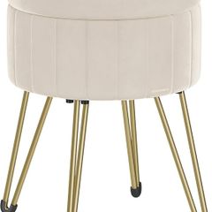 Velvet Dressing Table Stool, 39 x 44.4 cm (Dia. x H), Round Storage Stool Seat, 4 Metal Legs, for Dressing Room, Living Room, Bedroom, Cream White
