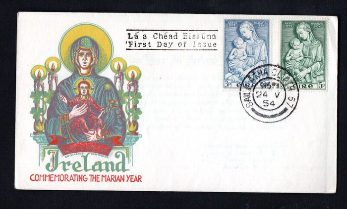 1954 Ireland Marian Year Commemorative Stamps Illustrated First Day Cover (FDC) with Baile Atha Cliath (Dublin) Cancel