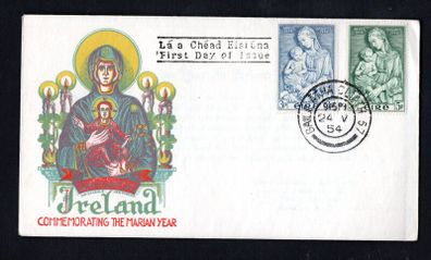 1954 Ireland Marian Year Commemorative Stamps Illustrated First Day Cover (FDC) with Baile Atha Cliath (Dublin) Cancel