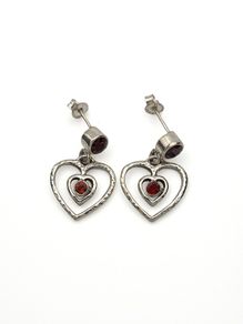 925 Sterling Silver & Garnet Textured Heart Stud Earrings
