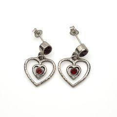 925 Sterling Silver & Garnet Textured Heart Stud Earrings