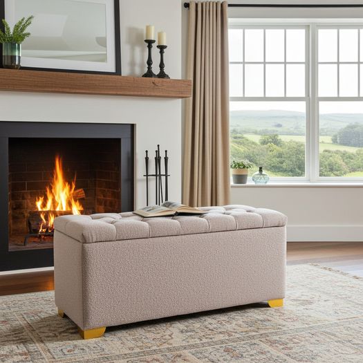 Elegance Boucle Ottoman with Storage 100x40cm  Beige