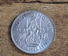 Great Britain UK 1945, One Shilling, George VI, Scottish Crest, Silver Coin - free standard postage