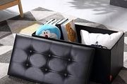 NEW | Folding Ottoman Bench Storage Box with Lid, Large Storage Seat Faux Leather Footstool Toy Storage Box, Black, 76 x 38 x 38 cm