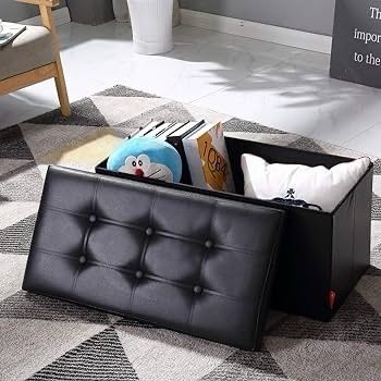 NEW | Folding Ottoman Bench Storage Box with Lid, Large Storage Seat Faux Leather Footstool Toy Storage Box, Black, 76 x 38 x 38 cm