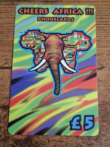 UK 5 GBP Phonecard "Cheers Africa!!! - Elephant", used, 2001 - free standard postage