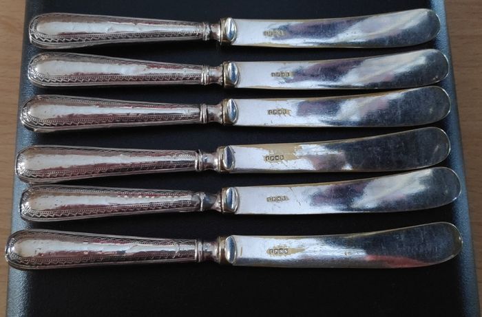 Set of 6 Antique EPNS butter knives with Sterling Silver handles