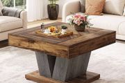 80cm Square Coffee Table, Modern Wooden Cocktail Table for Living Room - Rustic Brown &amp; Black Accent Table, Centre Tea Table
