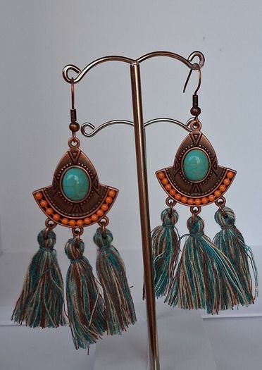 Antique Copper Turquoise Fan Tassel Earrings