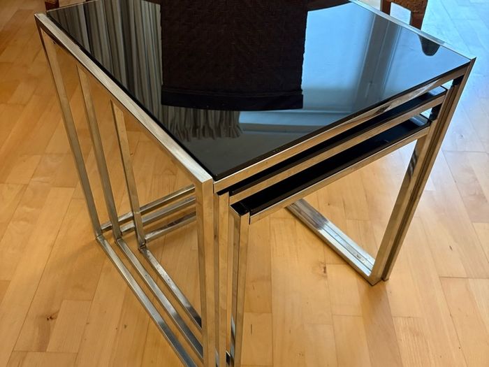 Vintage Chrome and black glass nesting tables