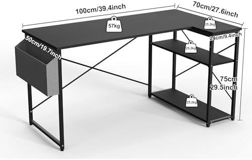 L Shaped Gaming Desk, 100x70 cm Computer Desk with Storage Bag, Office Desk Small Writing Table with Large Reversible Storage Shelves, Workstation for Study Play Work Home Office, Black
