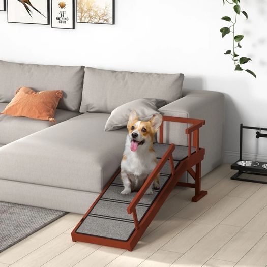 Wooden Dog Ramp with Removable Guardrails, Non-Slip Surface, 125 cm Long, Brown