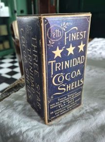 Antique Vintage Trindad cocoa shells cardboard packaging with product