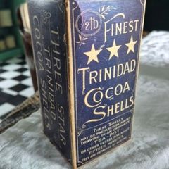 Antique Vintage Trindad cocoa shells cardboard packaging with product