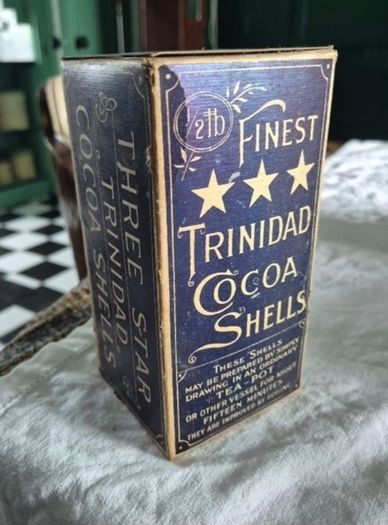 Antique Vintage Trindad cocoa shells cardboard packaging with product