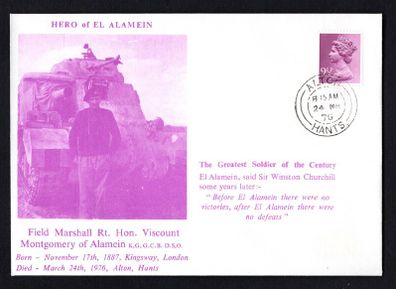 1976 Great Britain cover commemorative the passing of Field Marshall Rt Hon Viscount Montgomery of Alamein  seen as the hero of El Alamein tying 9 1/2p definitive stamp with 24th March 1976 Alton Hants cancel