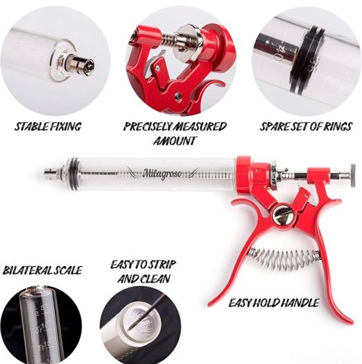 Meat Injector Marinade Gun Stainless Steel Outdoor Kit Flavor Food Syringes & 4 Marinades Needles for BBQ Grill Smoker Injectors Professional Syringe Held Culinary Barbecue Tool (FREE POSTAGE)