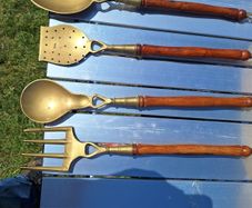 Mid 20th century brass and wooden kitchen utensils set