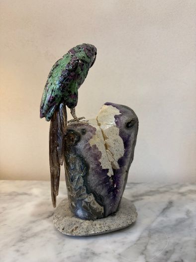 Premium Ruby in Zoisite Gemstone Parrot Carving on Unique Amethyst Crystal Geode