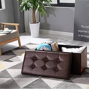NEW SALE | Folding Ottoman Bench Storage Box with Lid, Large Storage Seat Faux Leather Footstool Toy Storage Box, Brown, 76 x 38 x 38 cm